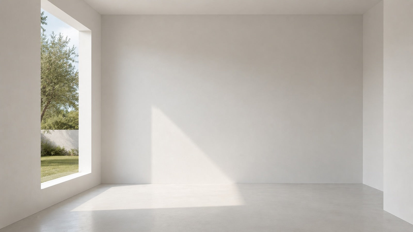 Sunlit room with white microcement walls and floor beside a floor-to-ceiling window: preview our colorant options