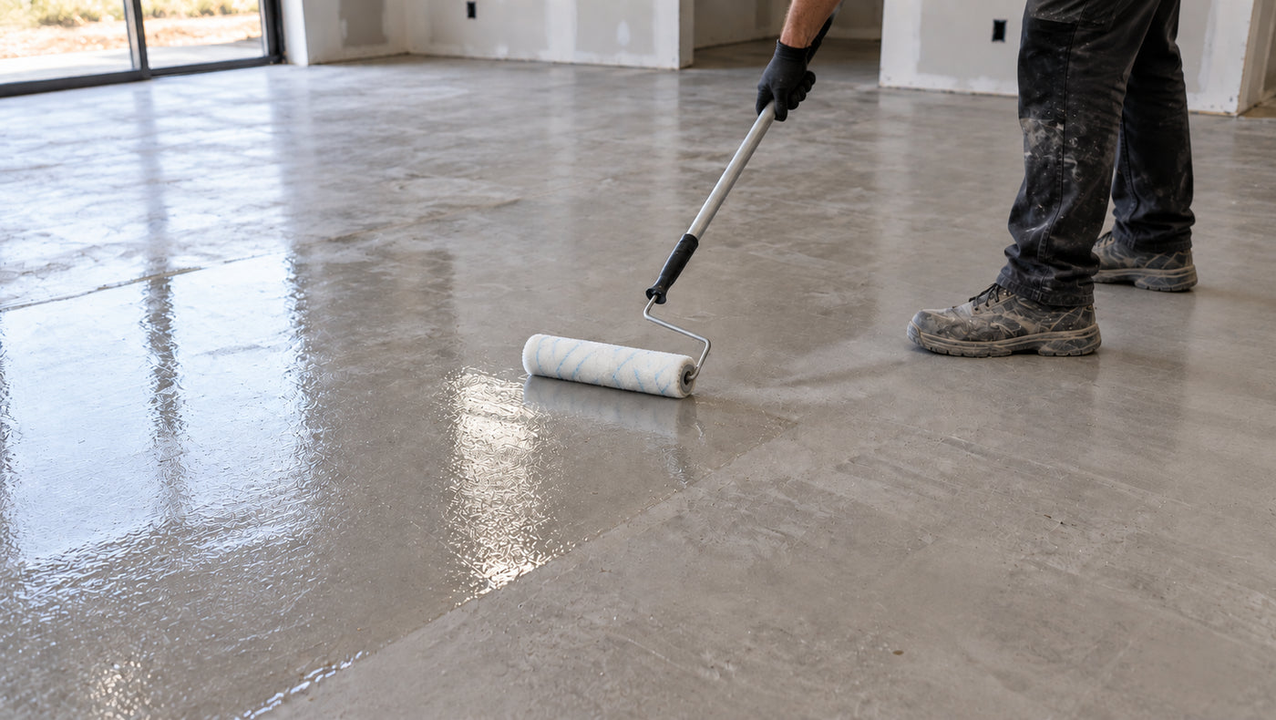 Rolling primer onto the floor: Core System step 1